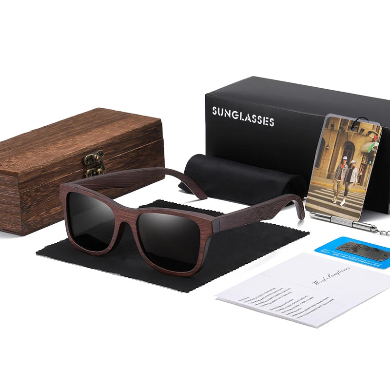 Lunettes de soleil en bois de bambou naturel polarisées faites à la main — miroir, boîte cadeau