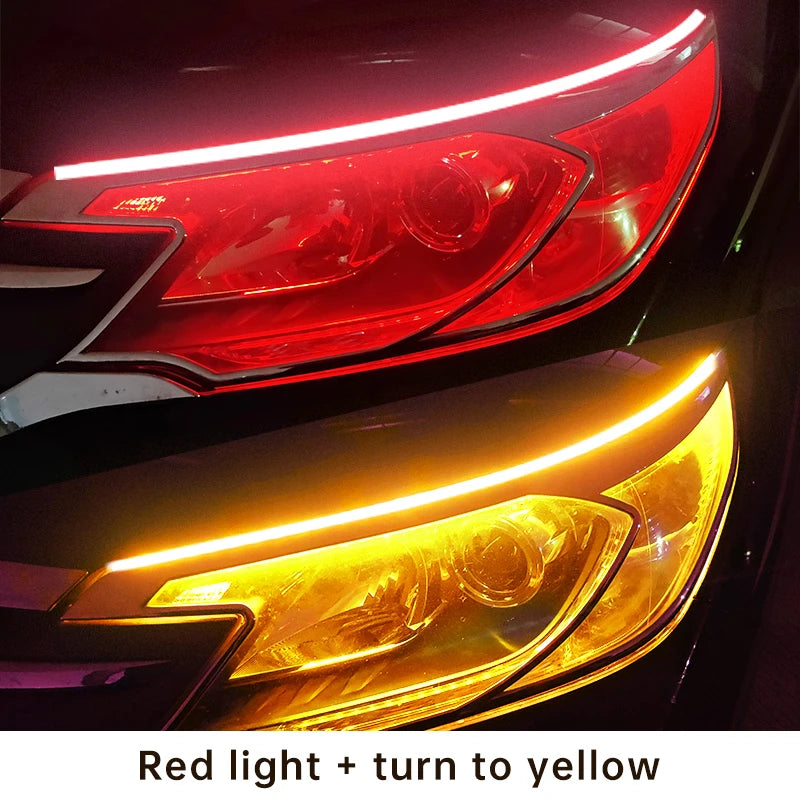 2 piezas faros de coche intermitentes, luces DRL LED de freno de flujo blanco y ámbar, tira flexible impermeable de 12 V para luces diurnas de coche