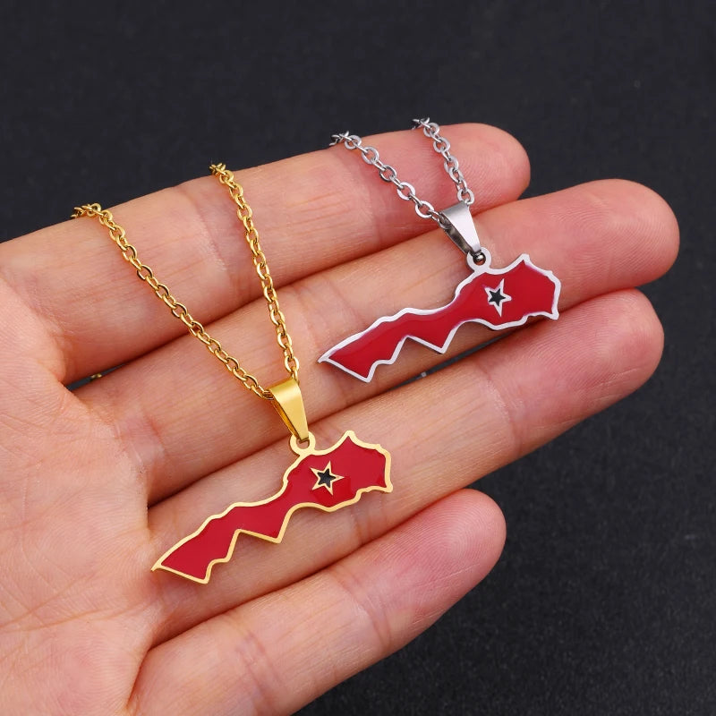 Royaume du Maroc Carte Drapeau Pendentif Collier En Acier Inoxydable Hommes Femmes Bijoux ethniques africains Le Royaume Du Maroc Drapeau National