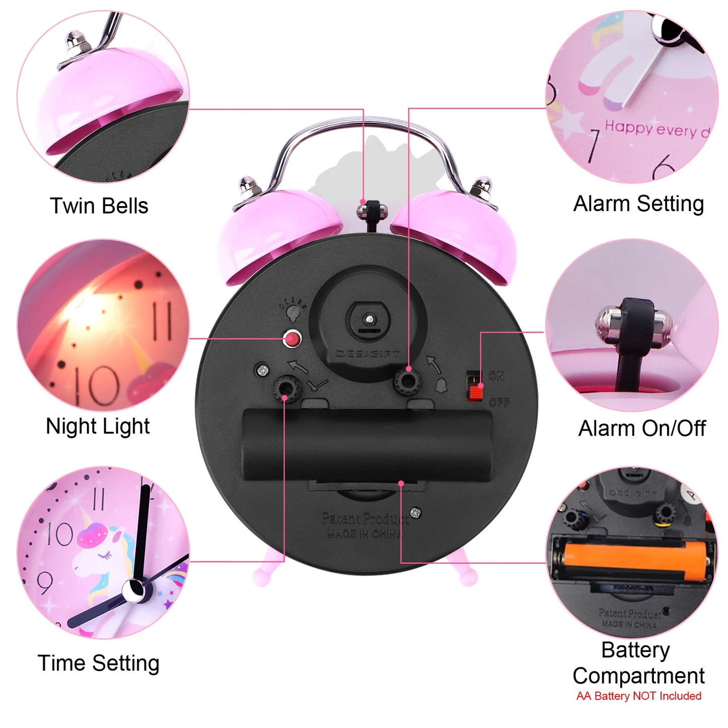 Unicornio para despertador infantil, despertador luminoso, reloj de doble campana con retroiluminación, despertador, bonito reloj de escritorio, decoración del hogar, despertador, radio despertador, regalos para niños
