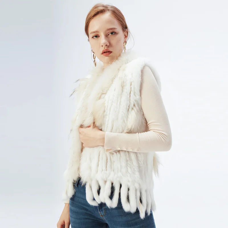 Gilet à glands en véritable fourrure de lapin tricoté — vintage, garniture fourrure raton laveur