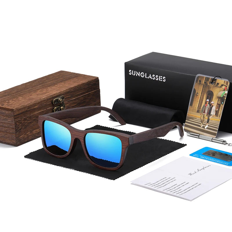 Lunettes de soleil en bois de bambou naturel polarisées faites à la main — miroir, boîte cadeau