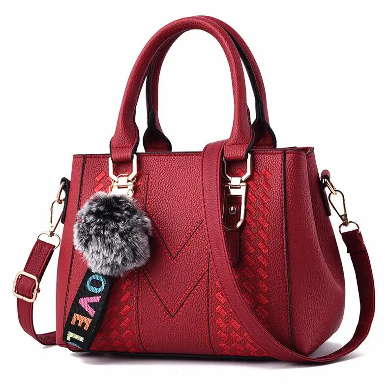 Bolsos de mensajero bordados para mujer, bolsos de cuero, bolsos de mano para mujer, bolso de mano con bola de pelo
