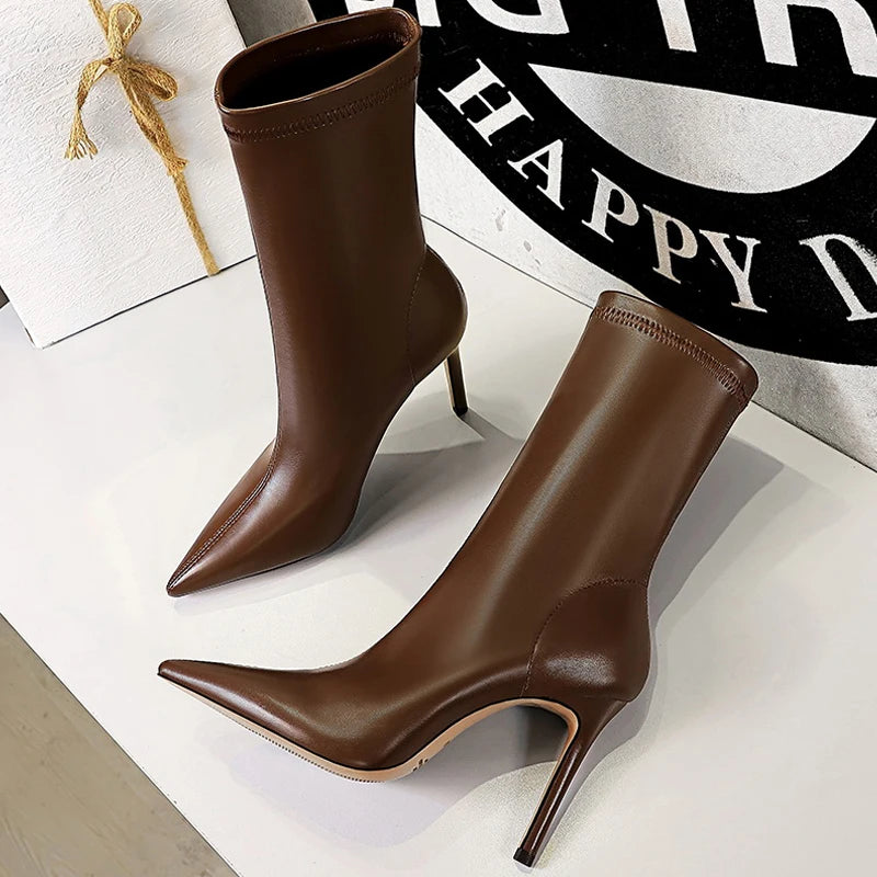 BIGTREE Women's High Heel Leather Boots, Short Ankle Boots, Rinse Shoes, Autumn and Winter