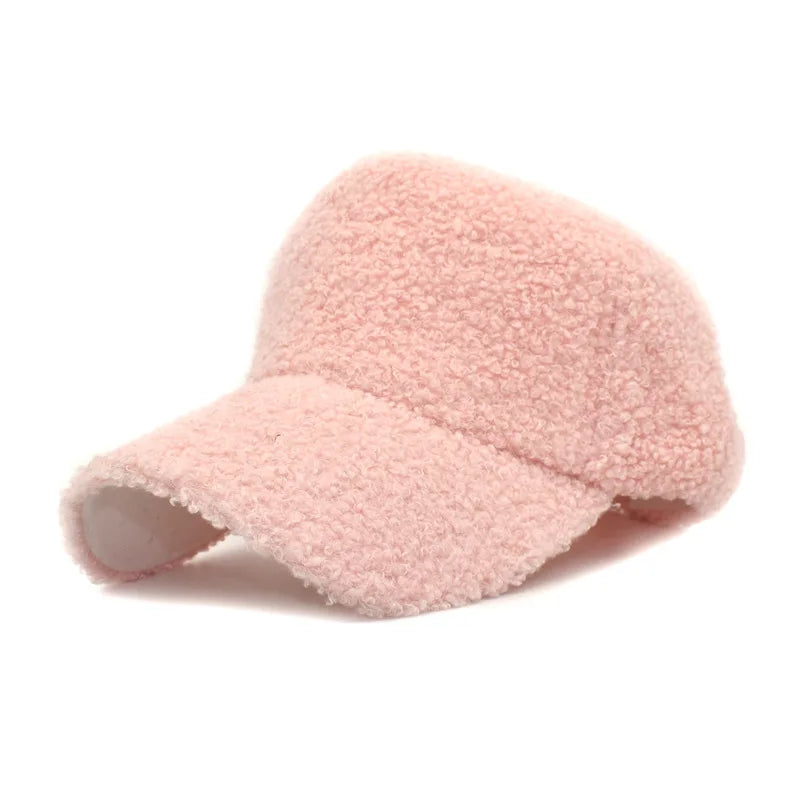 Plush Lamb Wool Girls Baseball Cap, Women's Warm Adjustable Size Trendy Teddy Hats for Women, New Winter Collection