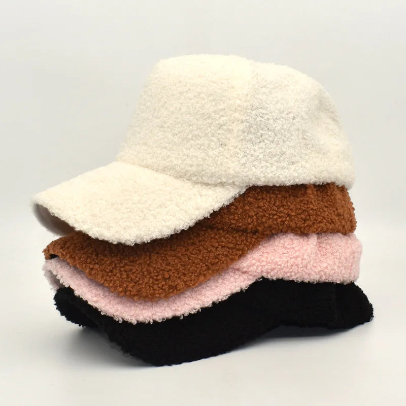 Plush Lamb Wool Girls Baseball Cap, Women's Warm Adjustable Size Trendy Teddy Hats for Women, New Winter Collection