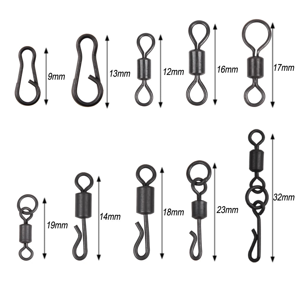 Émerillons roulants pour pêche à la carpe, 30 pièces, noir mat, corps Long, changement rapide, avec anneau, connecteur à pression, accessoires de pêche à la carpe