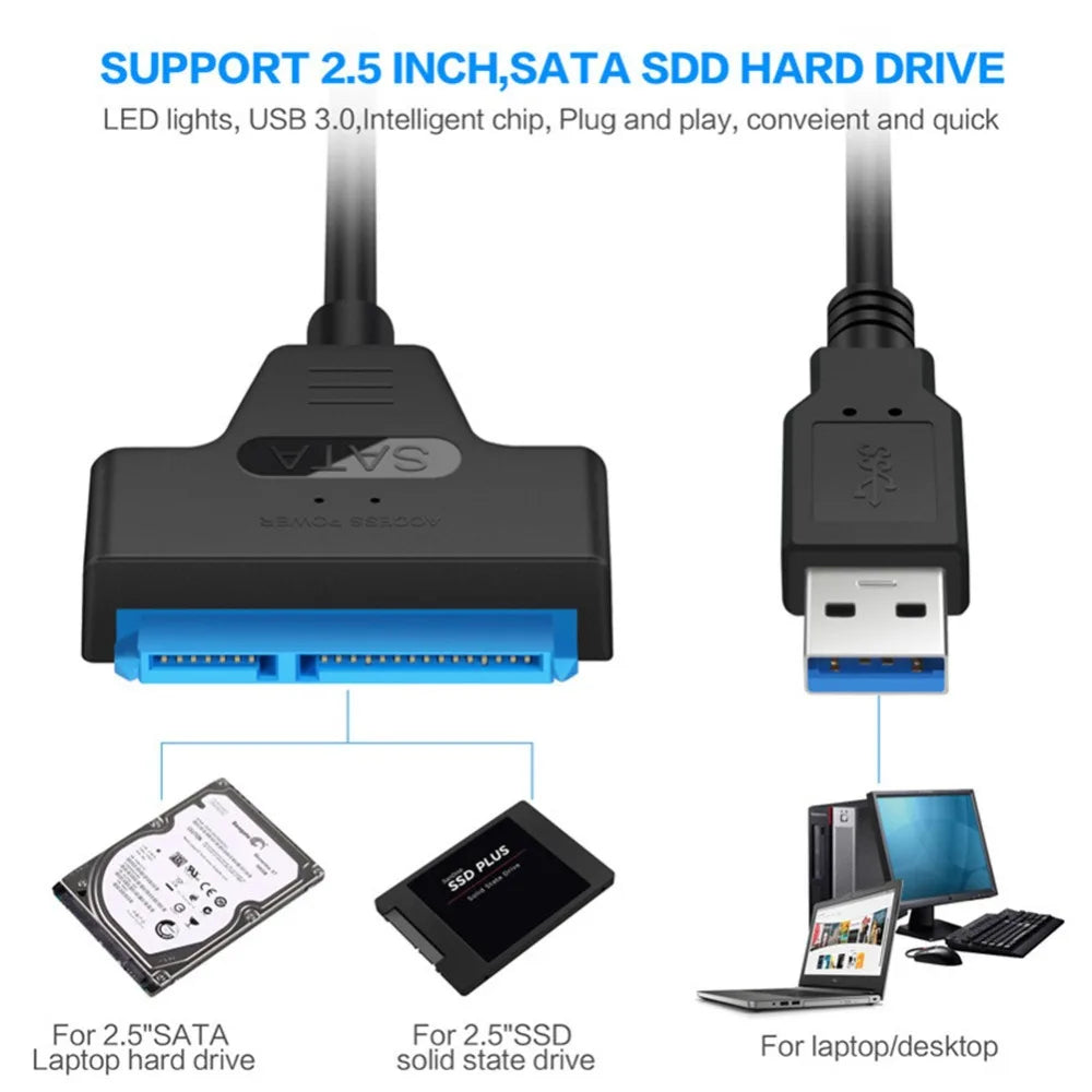 Adaptateur SATA vers USB 3.0/2.0/type-c, câble Sata jusqu'à 6 Gbps, prise en charge du disque dur externe SSD de 2.5 pouces, câble Sata III à 22 broches
