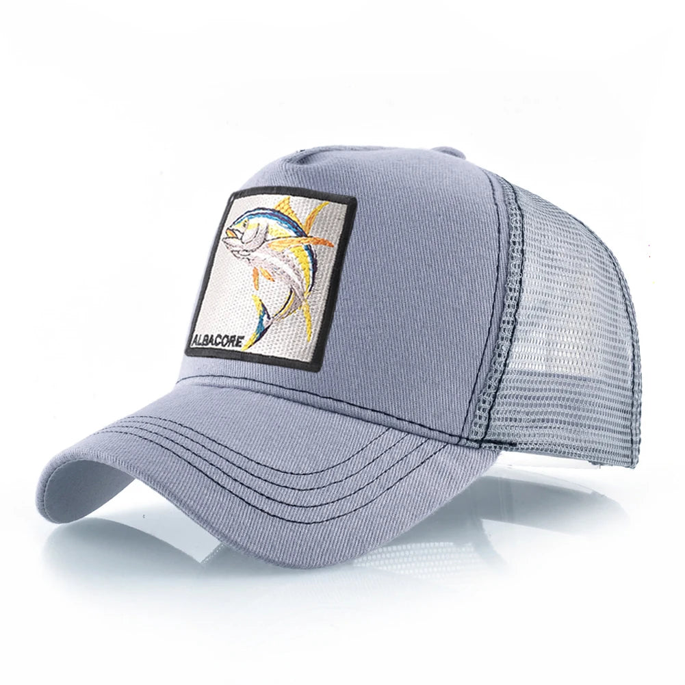 Gorra de béisbol de malla transpirable para mujer, gorra de camionero con parche de atún blanco, Hip Hop, gorra de hueso con solapa