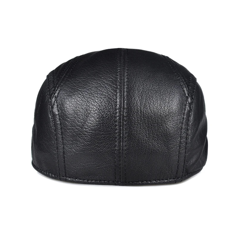Béret en cuir véritable coupe-vent — bec de canard, homme, casquette peau de vache, noir, protection des oreilles (v2)