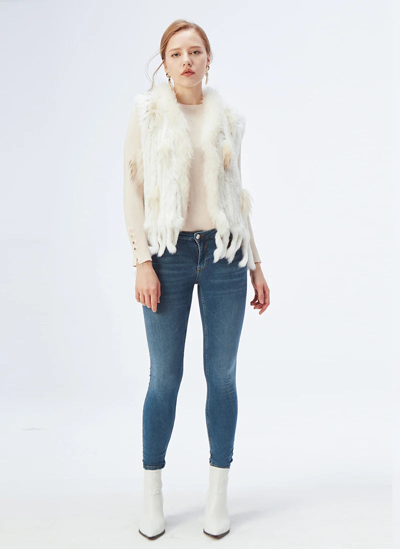 Gilet à glands en véritable fourrure de lapin tricoté — vintage, garniture fourrure raton laveur