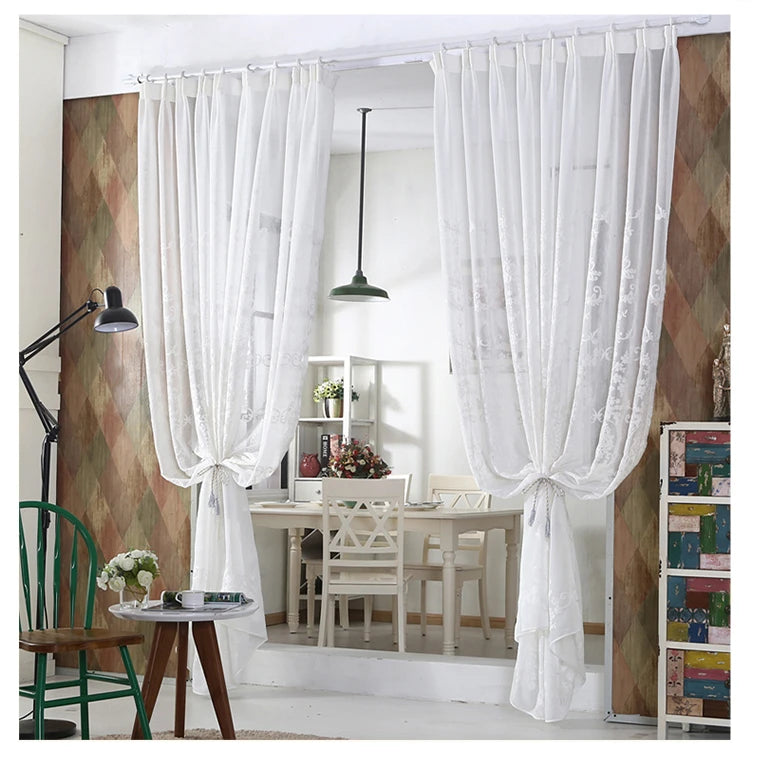 Rideaux Voilages Blancs Brodés Personnalisés en Tulle Transparent pour Chambre et Salon