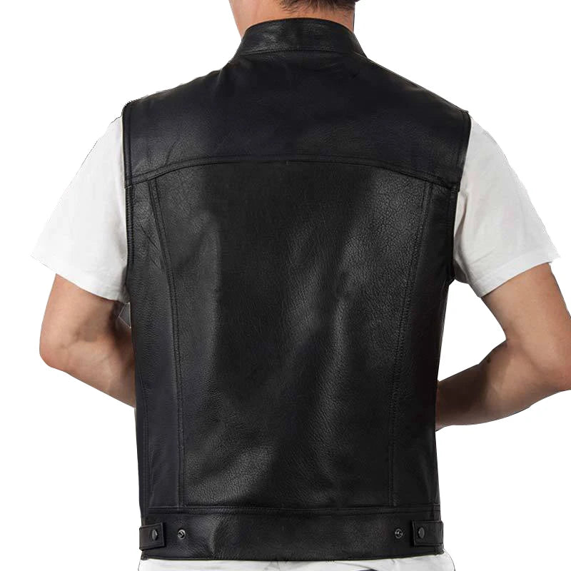 Gilet moto en cuir pour homme — punk, noir, printemps, veste biker