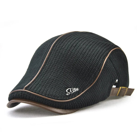 Béret casquette plate tricotée en cuir pour hommes — visière, snapback, haute qualité