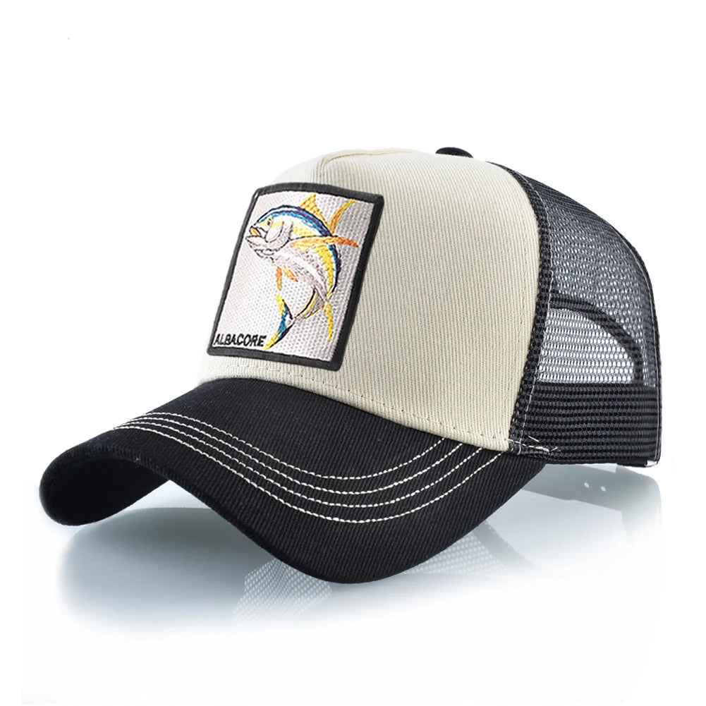 Gorra de béisbol de malla transpirable para mujer, gorra de camionero con parche de atún blanco, Hip Hop, gorra de hueso con solapa