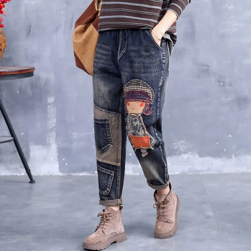 2025 New Spring New Ethnic Embroidery Elastic Waist Jeans for Women Loose High Waist Women's Harem Pants Women's Retro Denim Pants