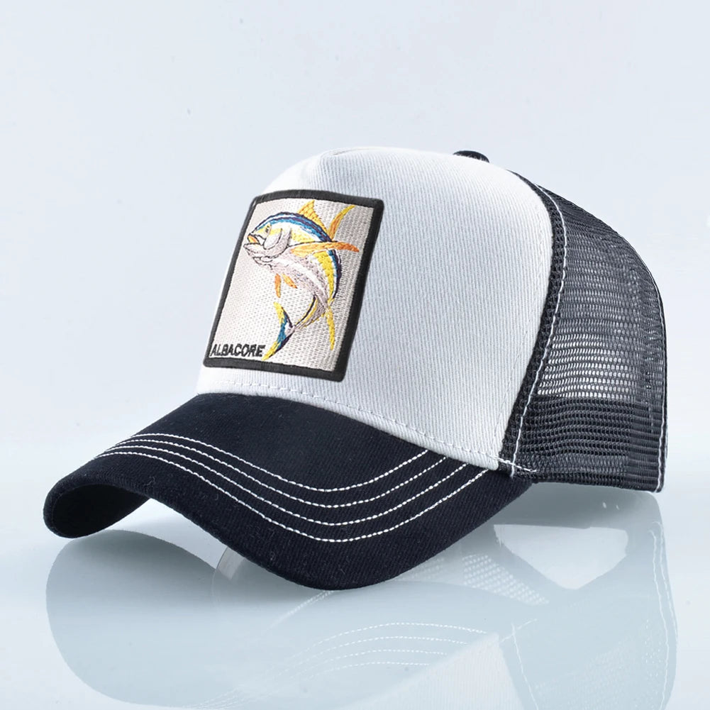 Gorra de béisbol de malla transpirable para mujer, gorra de camionero con parche de atún blanco, Hip Hop, gorra de hueso con solapa