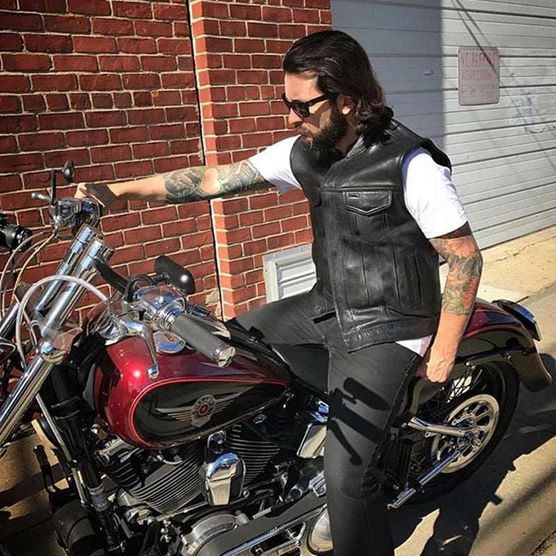 Gilet moto en cuir pour homme — punk, noir, printemps, veste biker