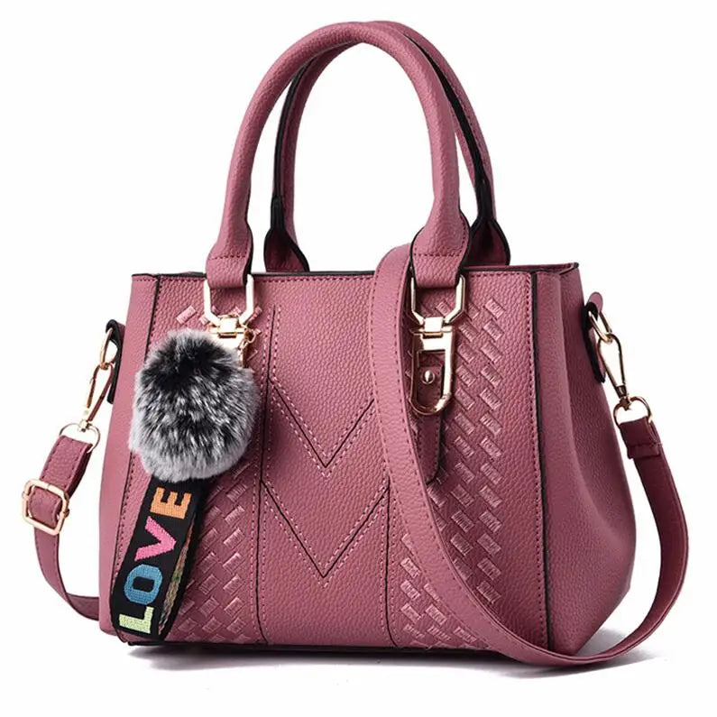 Bolsos de mensajero bordados para mujer, bolsos de cuero, bolsos de mano para mujer, bolso de mano con bola de pelo