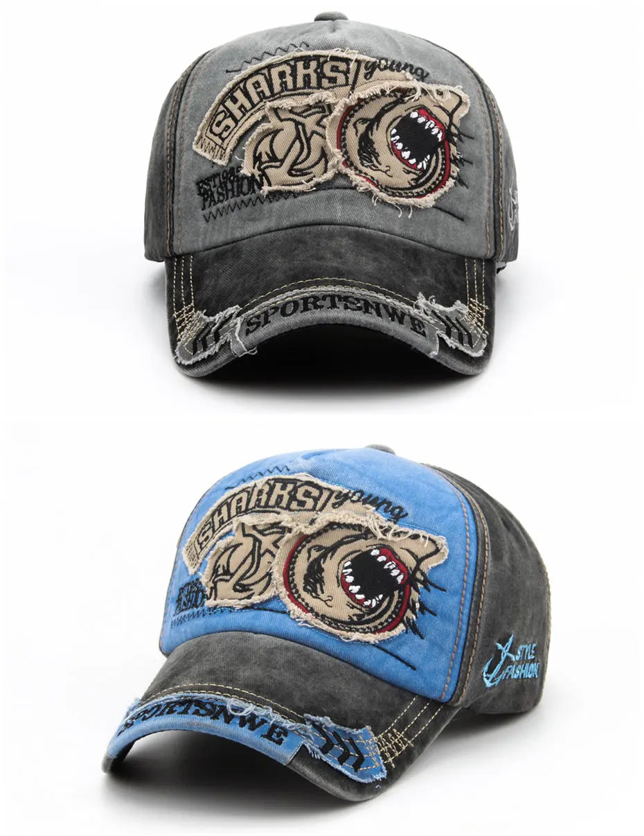 Casquette de baseball en coton avec requin brodé — snapback, hip-hop, unisexe, décontracté