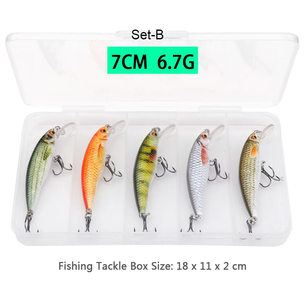 VTAVTA 5 pièces 5 cm 7 cm 9 cm Kit de leurre de pêche bionique appâts méné ensemble flottant manivelle Wobblers pour brochet attirail Kit d'appâts artificiels