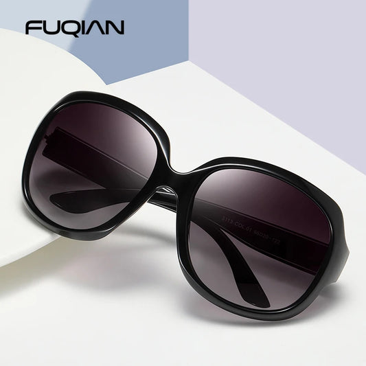 Gafas de sol polarizadas redondas grandes de diseño elegante marca FUQIAN para mujer, a la moda, de plástico grande, para mujer, UV400