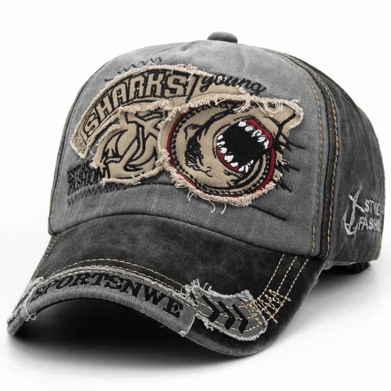 Casquette de baseball en coton avec requin brodé — snapback, hip-hop, unisexe, décontracté