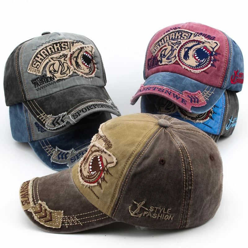 Casquette de baseball en coton avec requin brodé — snapback, hip-hop, unisexe, décontracté