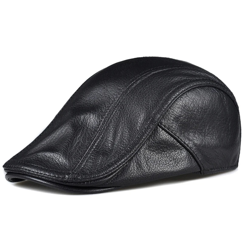 Béret en cuir véritable coupe-vent — bec de canard, homme, casquette peau de vache, noir, protection des oreilles (v2)