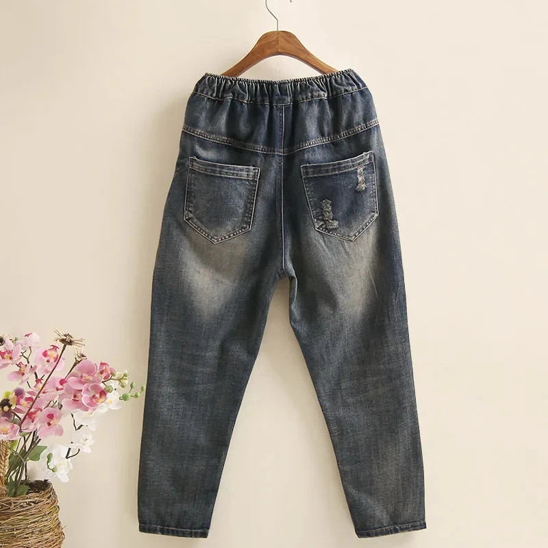 2025 New Spring New Ethnic Embroidery Elastic Waist Jeans for Women Loose High Waist Women's Harem Pants Women's Retro Denim Pants