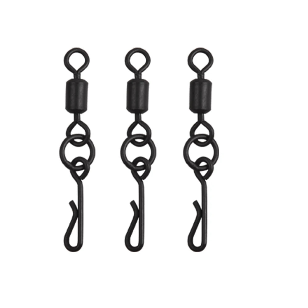 Émerillons roulants pour pêche à la carpe, 30 pièces, noir mat, corps Long, changement rapide, avec anneau, connecteur à pression, accessoires de pêche à la carpe