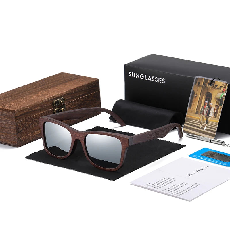 Lunettes de soleil en bois de bambou naturel polarisées faites à la main — miroir, boîte cadeau