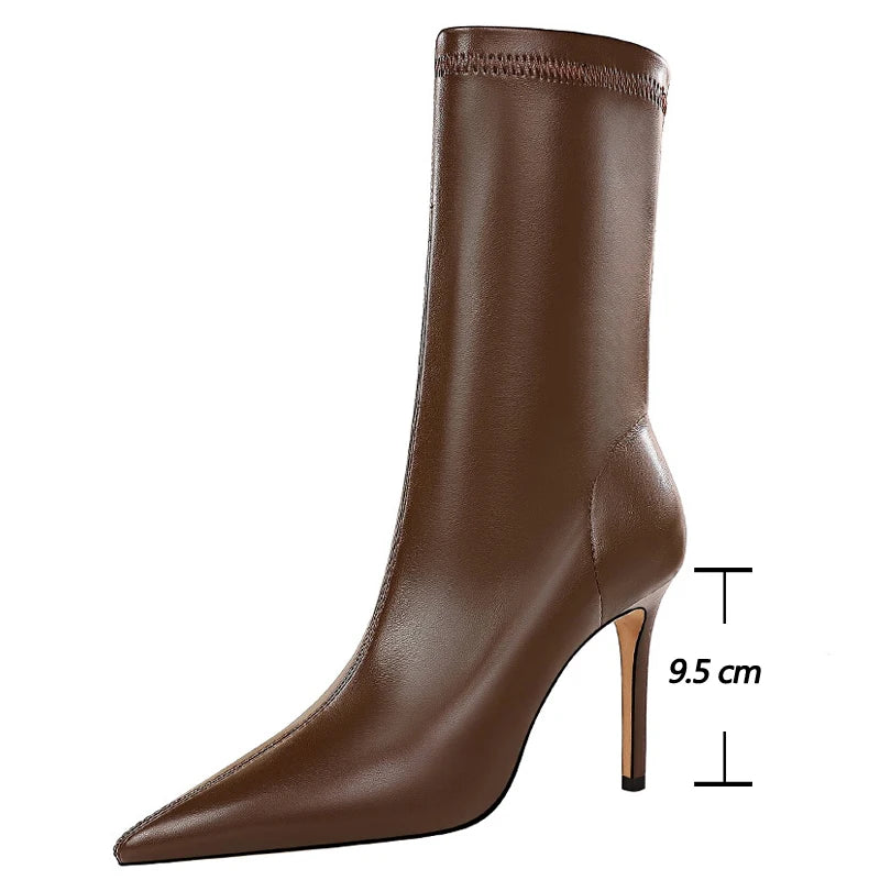 BIGTREE Women's High Heel Leather Boots, Short Ankle Boots, Rinse Shoes, Autumn and Winter