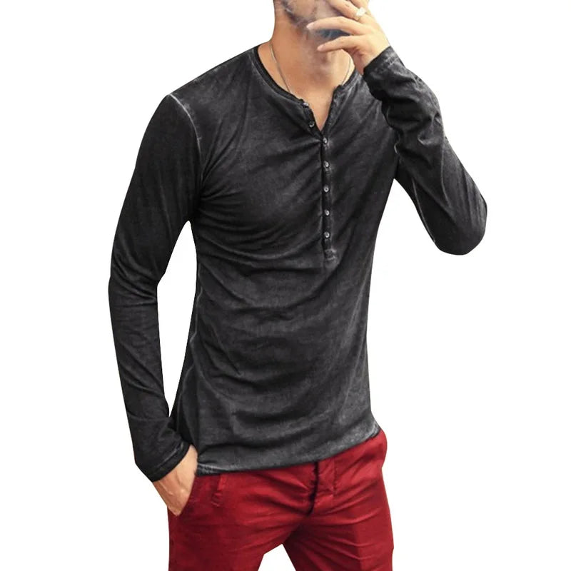 T-shirt Homme Col V Manches Longues & Hauts Élégants à Boutons T-shirt Henley Décontracté Automne 2026 Vêtement Masculin Uni 5XL