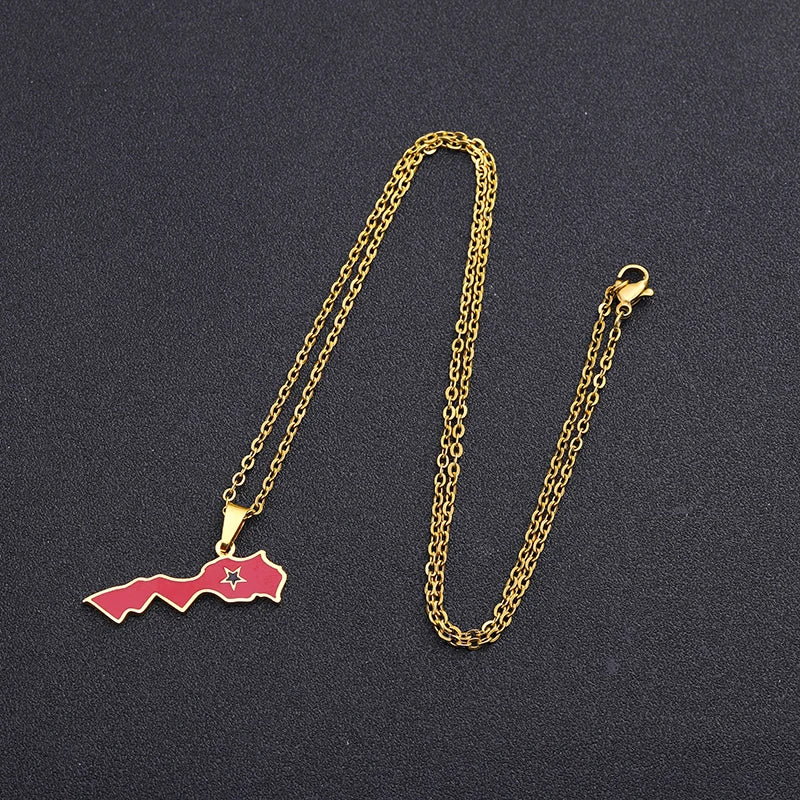 Royaume du Maroc Carte Drapeau Pendentif Collier En Acier Inoxydable Hommes Femmes Bijoux ethniques africains Le Royaume Du Maroc Drapeau National