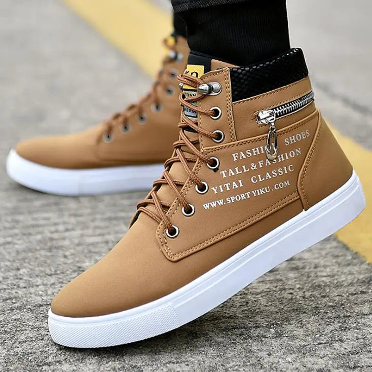 Men's Leather Skateboard Shoes, High-Top Sneakers, Casual Sports Shoes, Street Shoes, Flat Walking Shoes