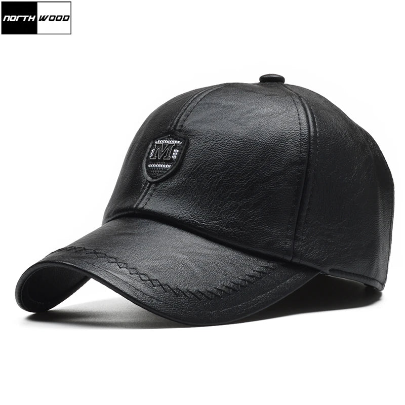 Casquette de baseball en cuir PU d'hiver pour hommes — oreillettes, snapback réglable