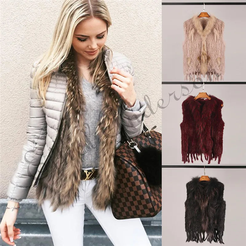 Gilet à glands en véritable fourrure de lapin tricoté — vintage, garniture fourrure raton laveur