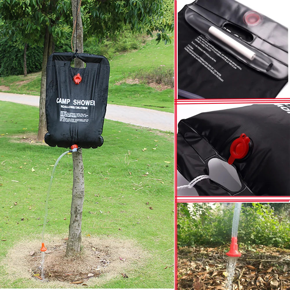 Sac de douche portable 20L pour camping, voyage en plein air, randonnée, barbecue, cyclisme, plage, natation, sac de bain chauffé au soleil