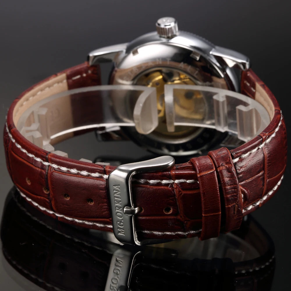 Montre pour hommes squelette mécanique automatique — style Steampunk, bracelet en cuir, horloge