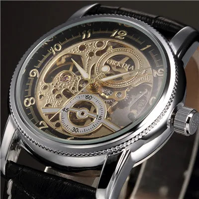 Montre pour hommes squelette mécanique automatique — style Steampunk, bracelet en cuir, horloge