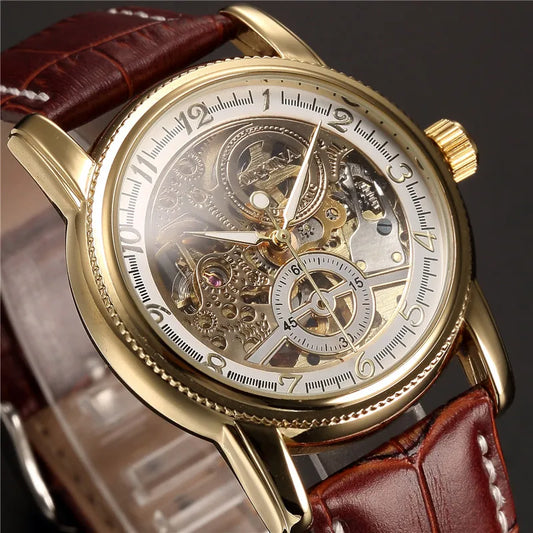 Montre pour hommes squelette mécanique automatique — style Steampunk, bracelet en cuir, horloge