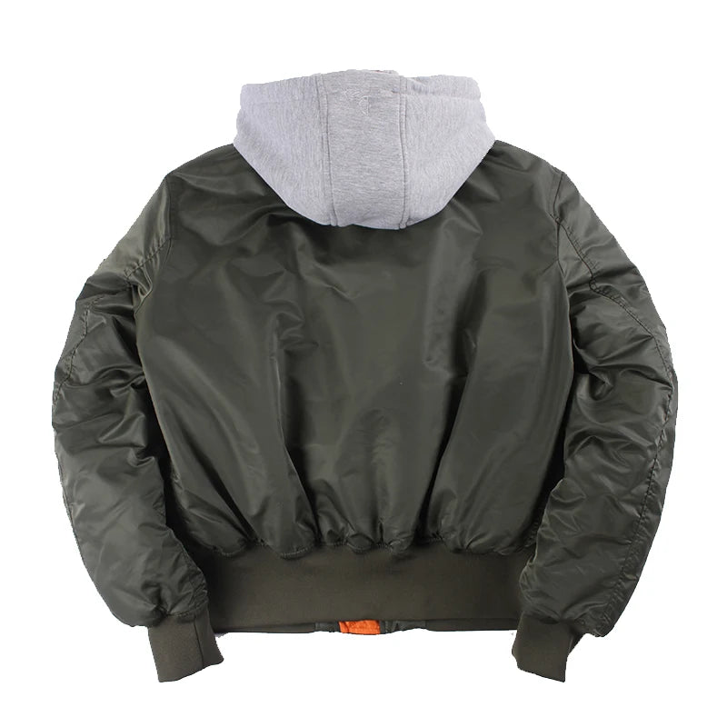 2025 Winter Oversized MA-1 with Hood Streetwear Hip Hop Army Military Coats Clothing Bomber Flight Air Force Pilot Jacket Men