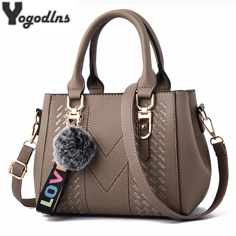 Bolsos de mensajero bordados para mujer, bolsos de cuero, bolsos de mano para mujer, bolso de mano con bola de pelo