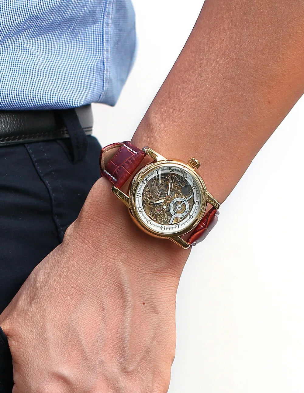 Montre pour hommes squelette mécanique automatique — style Steampunk, bracelet en cuir, horloge