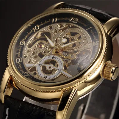 Montre pour hommes squelette mécanique automatique — style Steampunk, bracelet en cuir, horloge