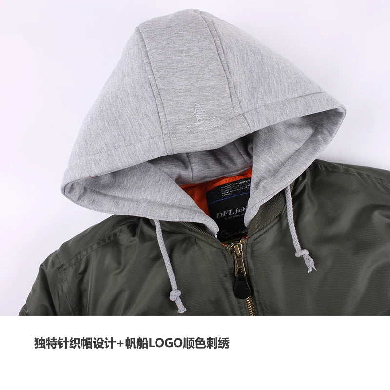 2025 Winter Oversized MA-1 with Hood Streetwear Hip Hop Army Military Coats Clothing Bomber Flight Air Force Pilot Jacket Men