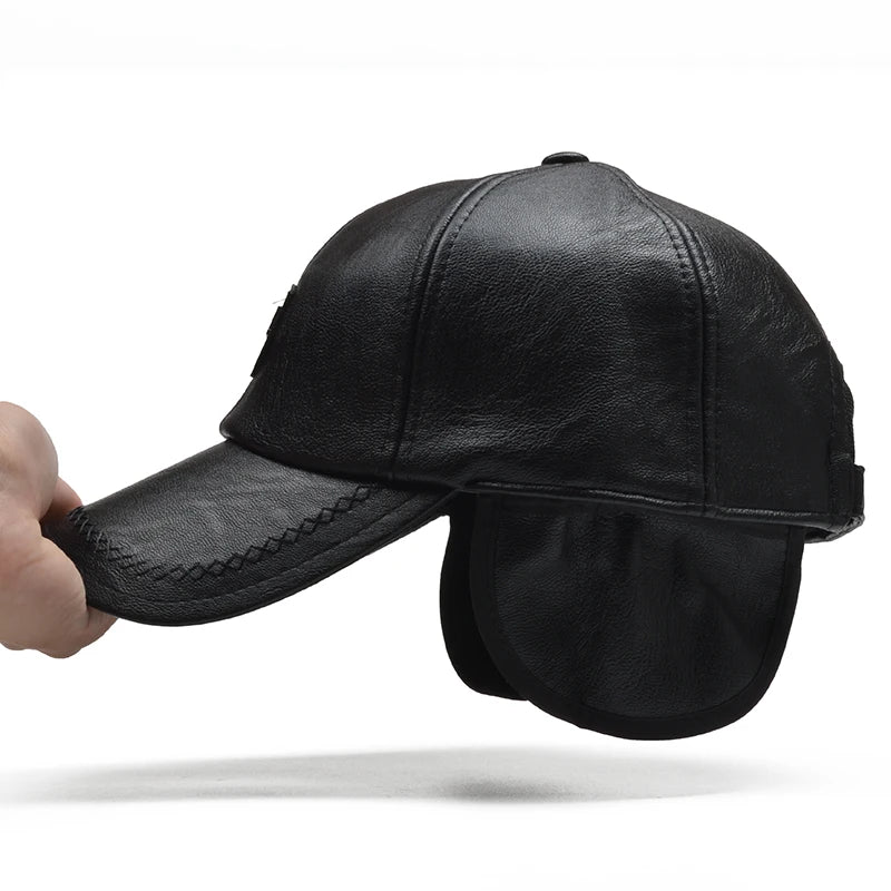 Casquette de baseball en cuir PU d'hiver pour hommes — oreillettes, snapback réglable