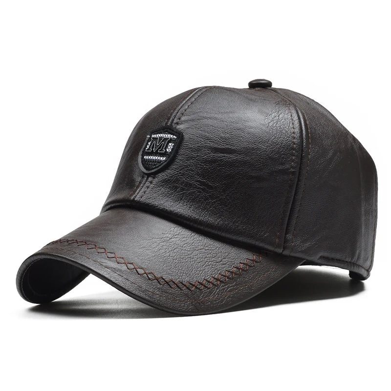 Casquette de baseball en cuir PU d'hiver pour hommes — oreillettes, snapback réglable
