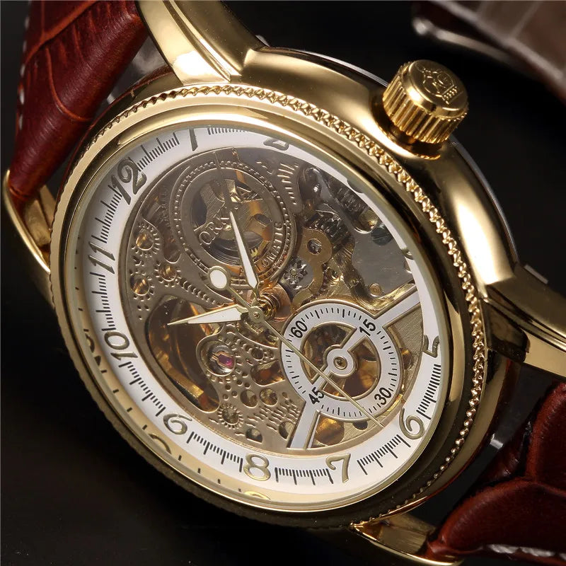 Montre pour hommes squelette mécanique automatique — style Steampunk, bracelet en cuir, horloge